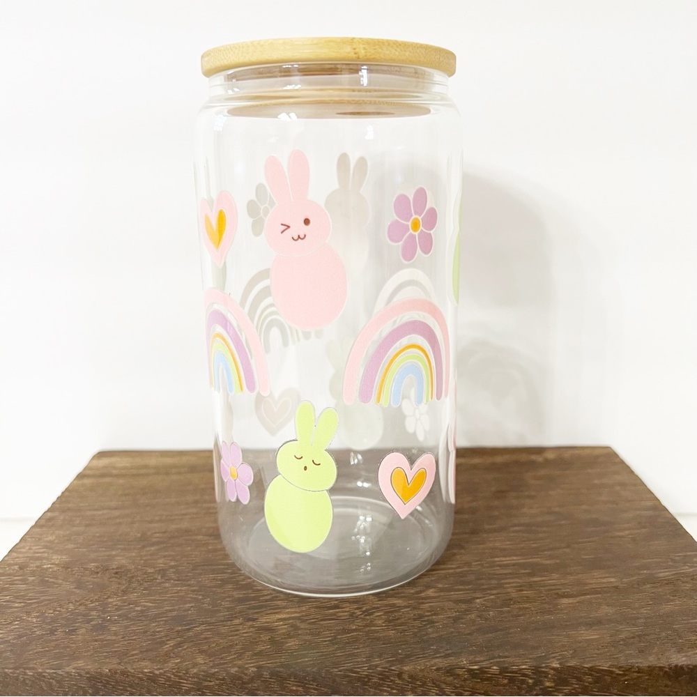 Bunny and Rainbow Libbey Glass Can with Bamboo Lid and Straw